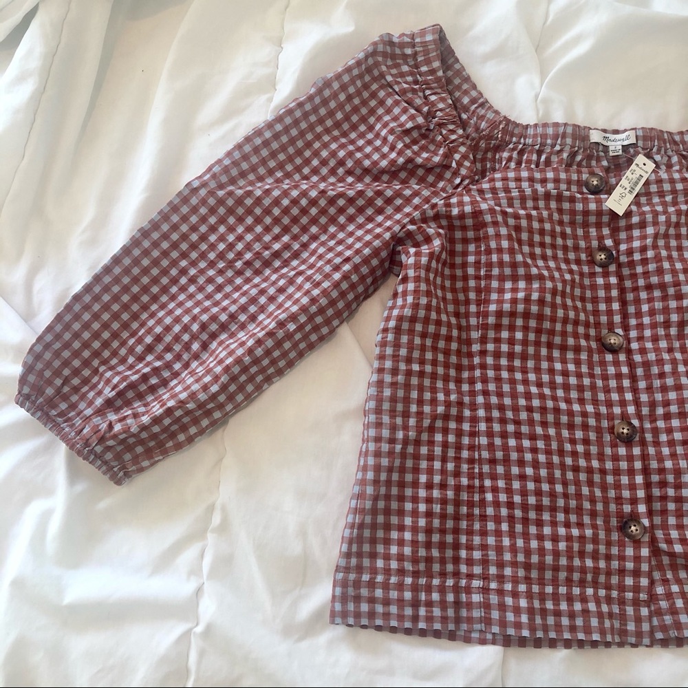 NWT Madewell Gingham Puff Sleeve Button Top Size 2